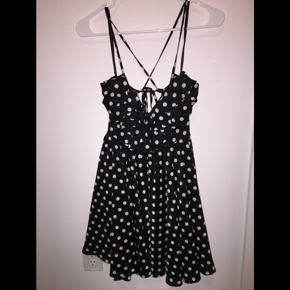 Black and white polka dot dress w/ crossing straps